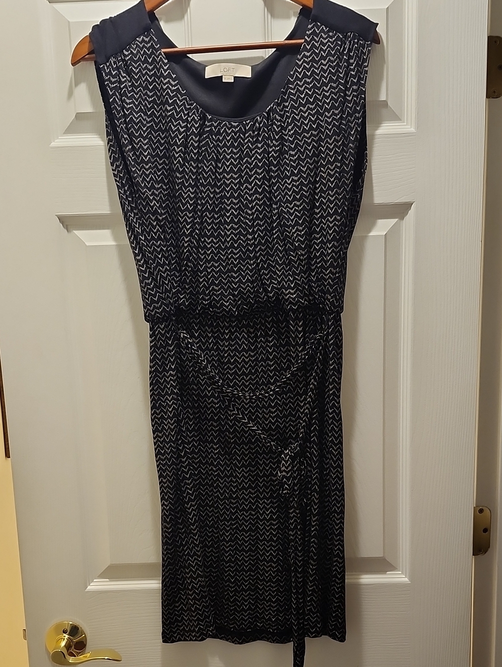 LOFT Navy Chevron Sleeveless Tie-Waist Midi Dress